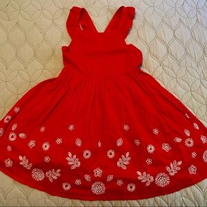 Mini Boden Embroidered Cross-back Dress in Strawberry Tart Red girls size 8-9y